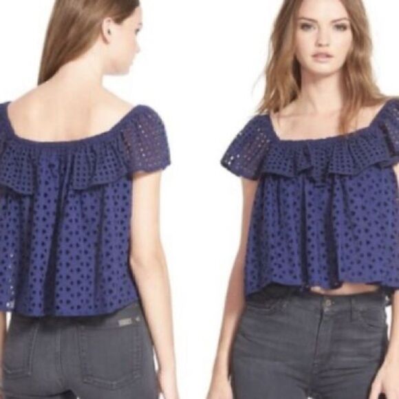 EUC Rebecca Minkoff Blue Celestine Off Shoulder Eyelet Top Small - Picture 1 of 1